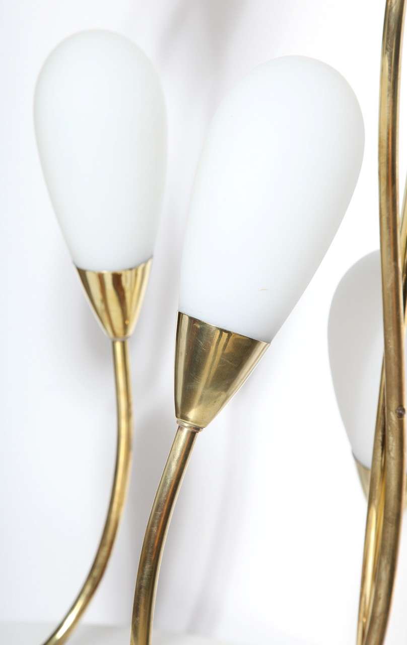 Pair of Curved Mahogany and Brass Lamps with Four White Glass Teardrop