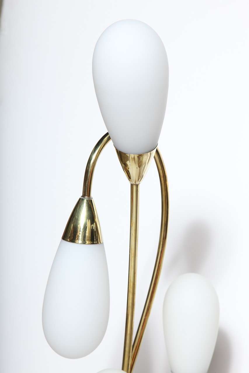 Pair of Curved Mahogany and Brass Lamps with Four White Glass Teardrop