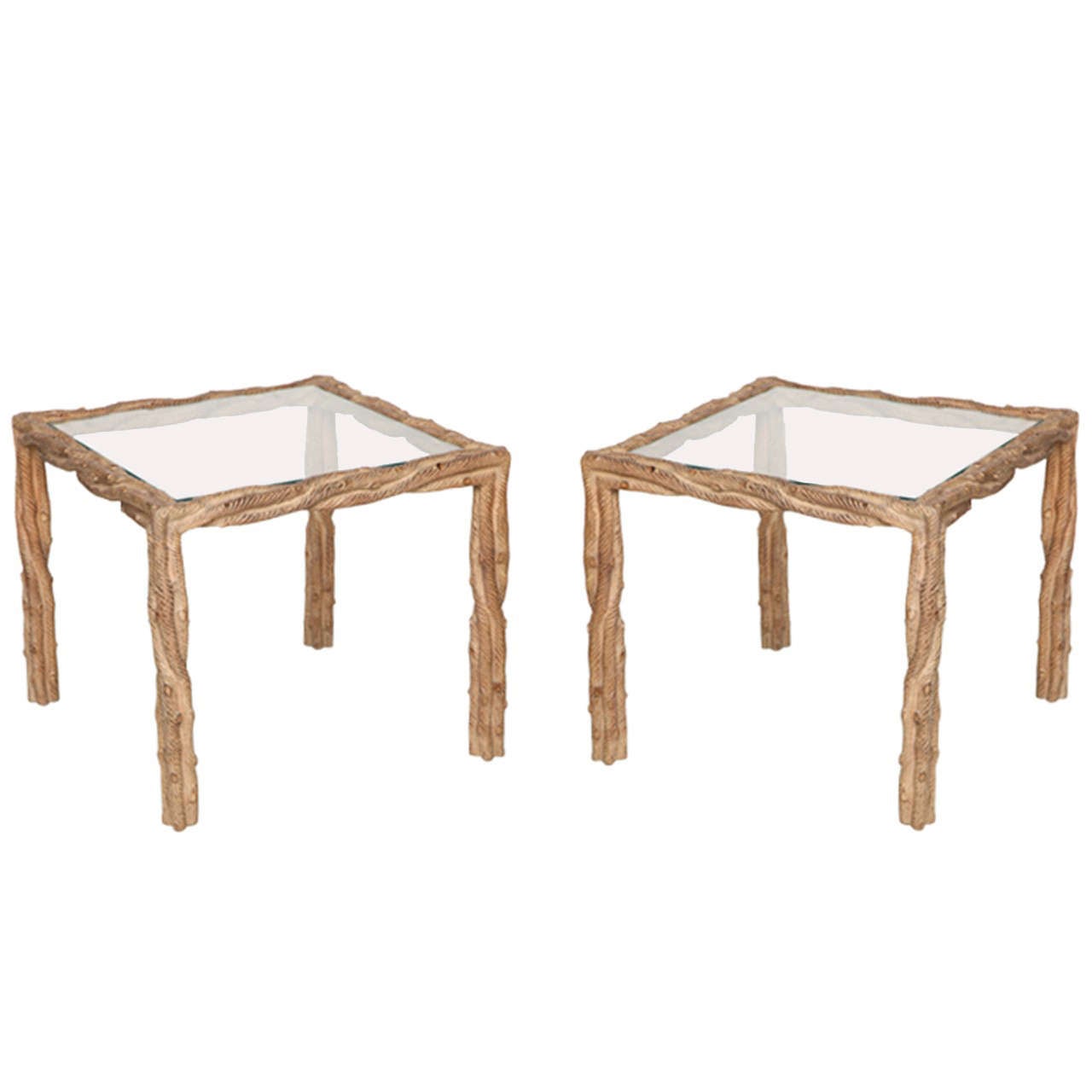 Pair of Carved "Faux Bois" Mid-Century Side Tables, circa 1970 For Sale