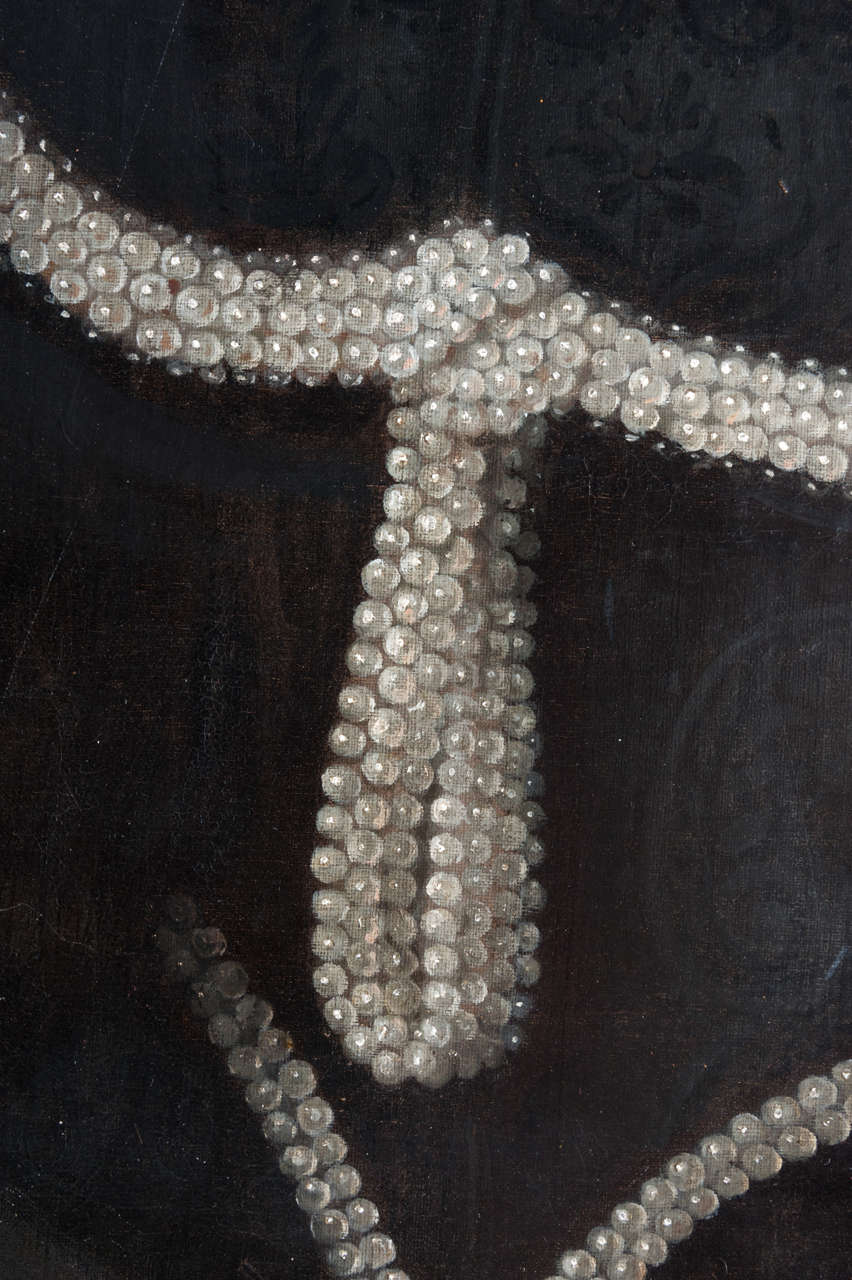 English Oil on canvas of lady with perls For Sale