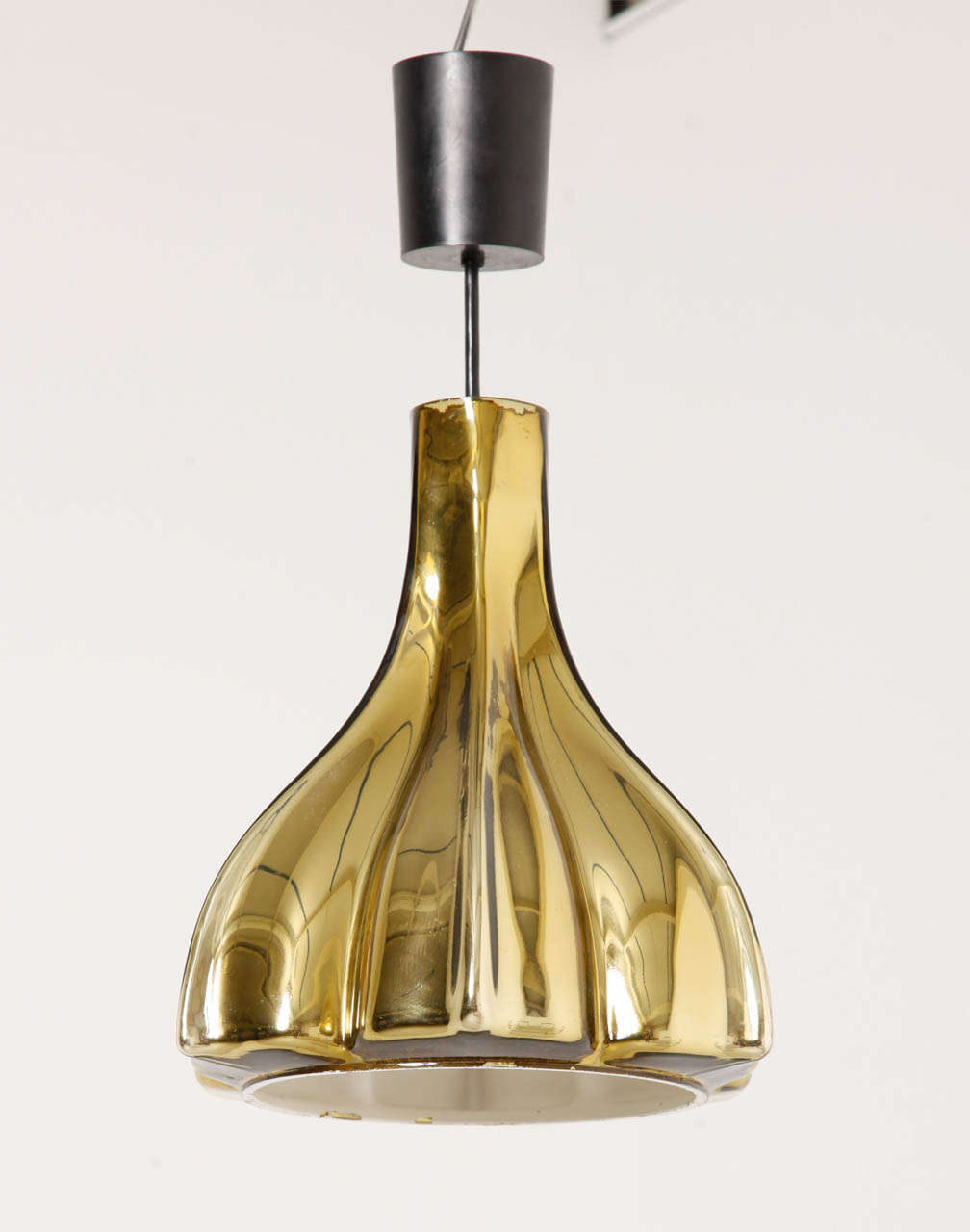 A beautiful floral shaped pendant with two layers of opaline glass. Inside a white opaline glass with a mirror golden glass exterior. Lighted up the lamp gives a very nice atmospherics' light.