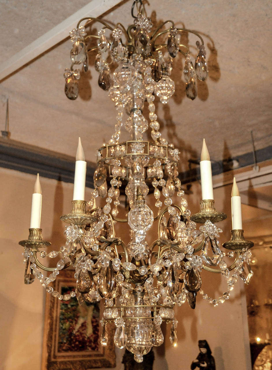 19th Century Napoleon III chandelier in brass, bronze and cristal with six lighted arms. Wired for European use.  Good condition. Normal wear consistent with age and use.
