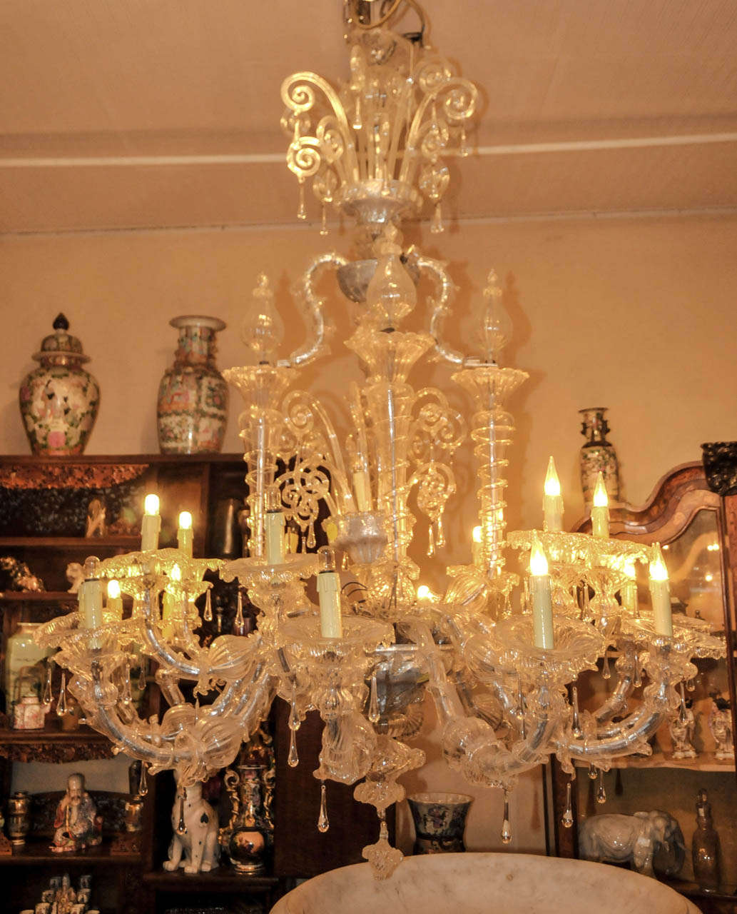 1940's Murano glass large chandelier with twenty lighted arms. Wired for European use.  Very good condition. Normal wear consistent with age and use.