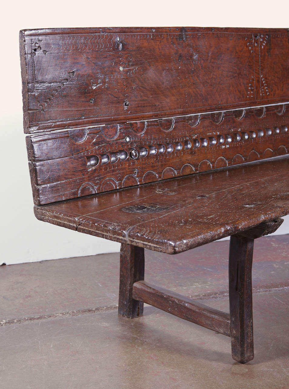 Patinated 18th Century Spanish Country Carved Chestnut Bench with Back