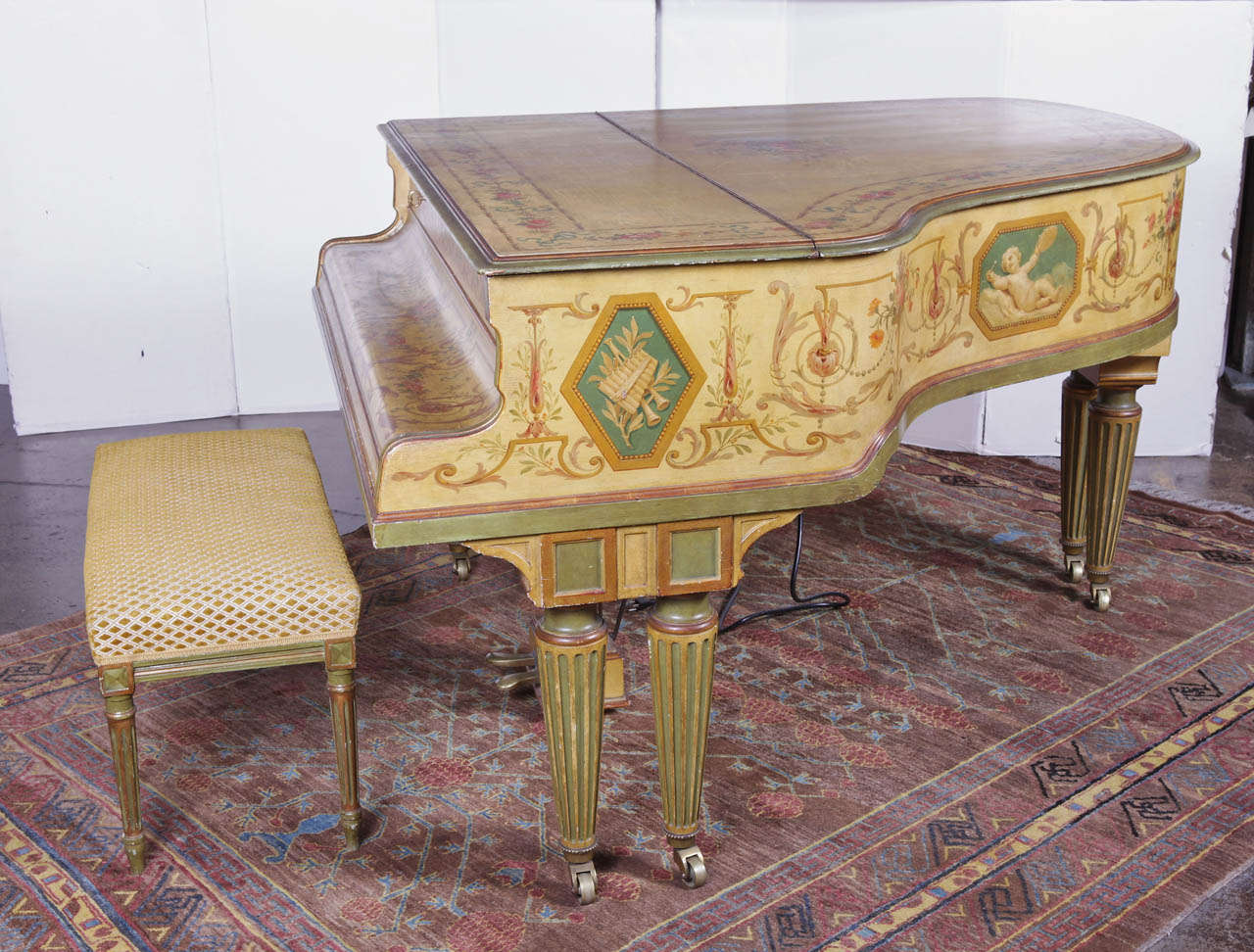 Exquisite handpainted baby grand piano and bench, built by Gaveau of Paris in 1911-1912. (Patent mechanism 