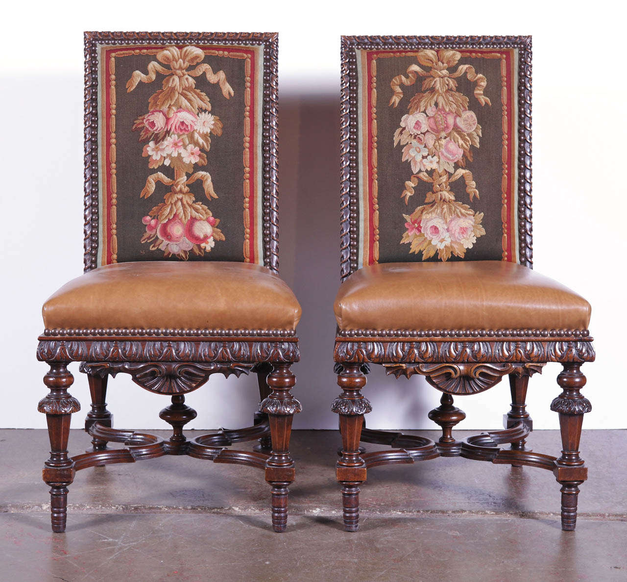 19th Century French Set of Six Walnut Chairs with Aubusson Tapestry and