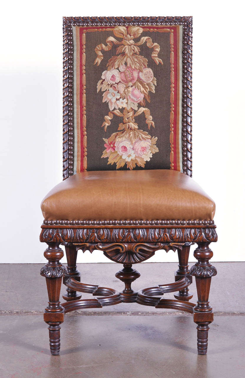 19th Century French Set of Six Walnut Chairs with Aubusson Tapestry and