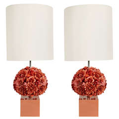 Pair Of Pink Flowers Table Lamps, France, 1970's
