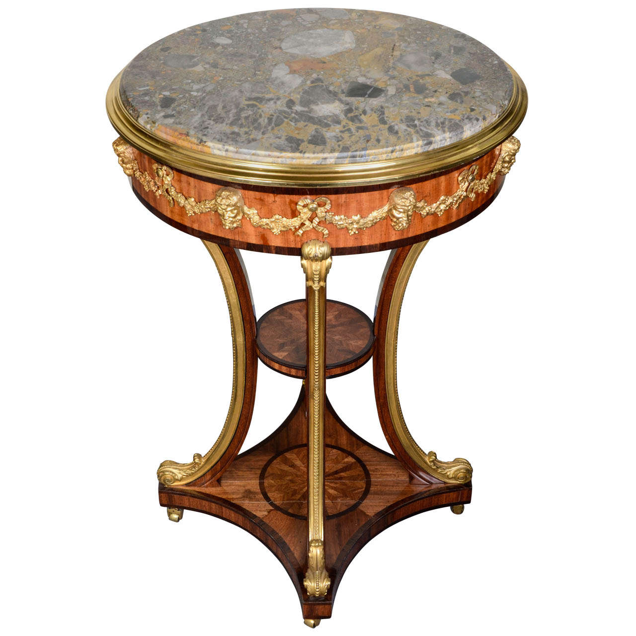 Round Gueridon in Wood Veneer Adorned with Carved and Gilded Bronze