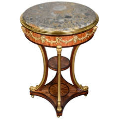 Round Gueridon in Wood Veneer Adorned with Carved and Gilded Bronze
