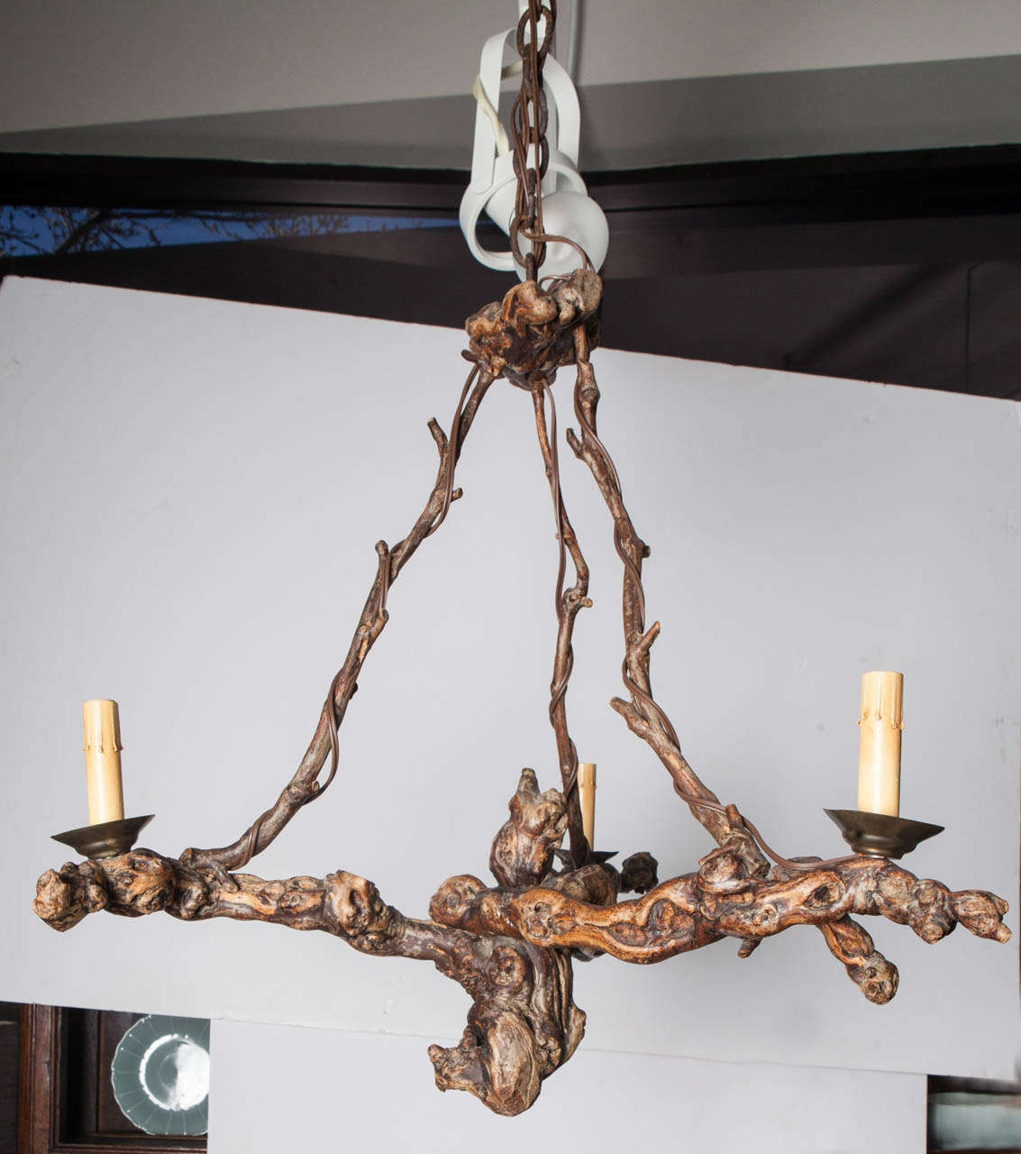 Old grapevine fashioned into a chandelier.  Electrified.