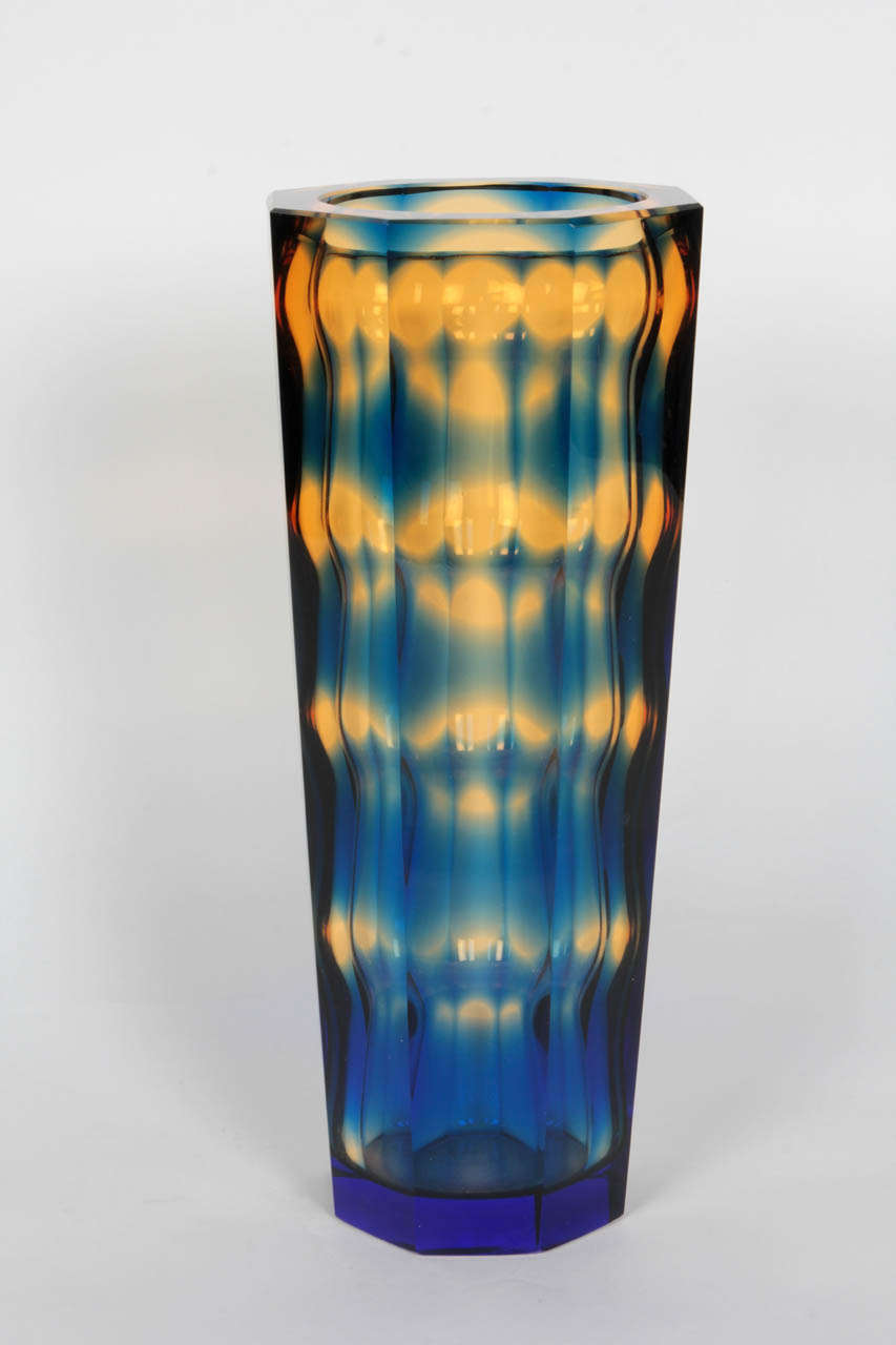 An amazing sommerso glass vase in amber/blue tones attributed to Oldrich Lipsky for Exbor. A stunning piece of optical glass workmanship.