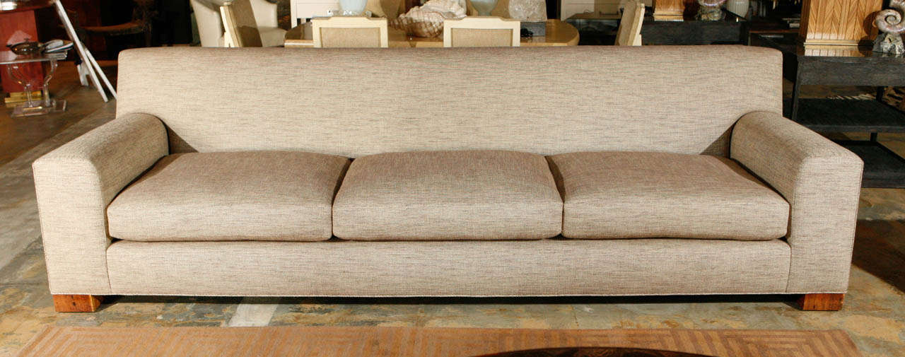 Ten foot long sofa by Roy McMakin, newly upholstered in Ralph Lauren fabric.