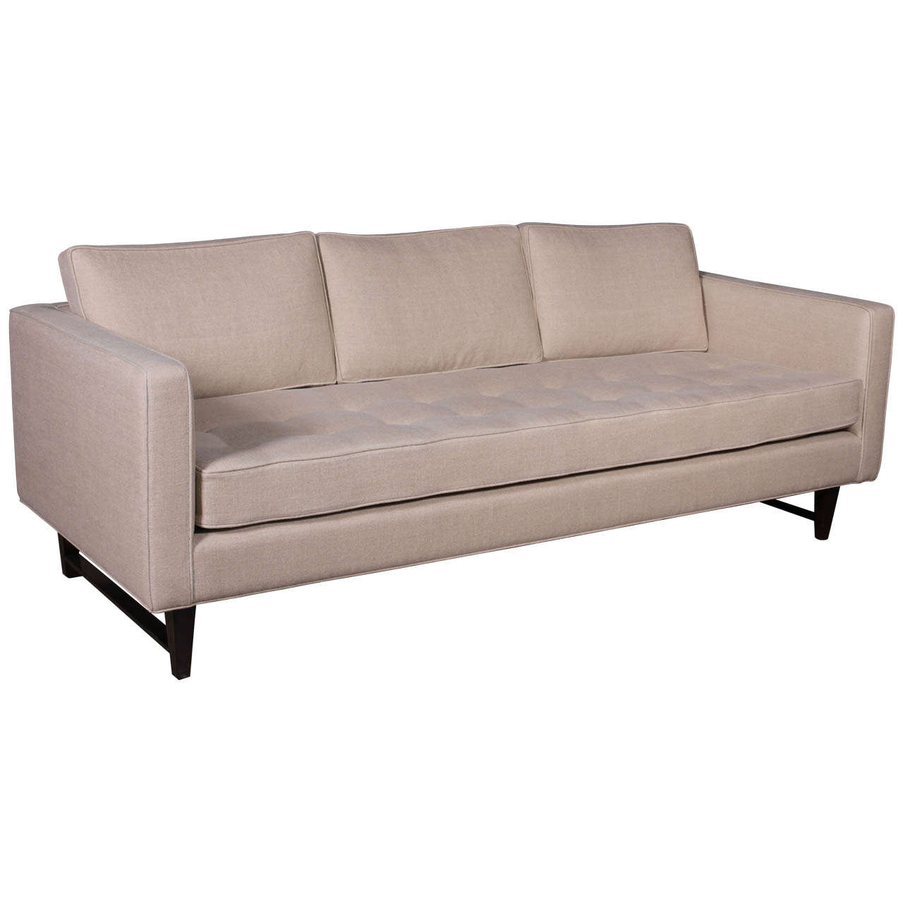 3 seat sofa with walnut frame and button tufted seat