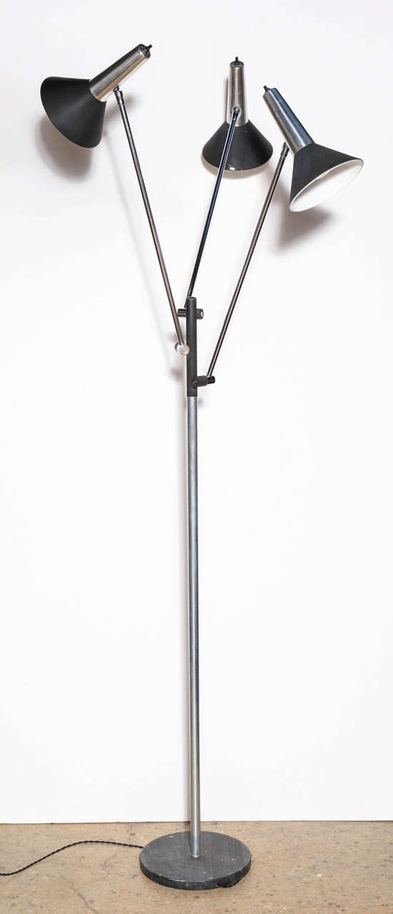 Late 20th Century Gino Sarfatti Style Koch & Lowy Articulating Triple Shade Nickel Floor Lamp