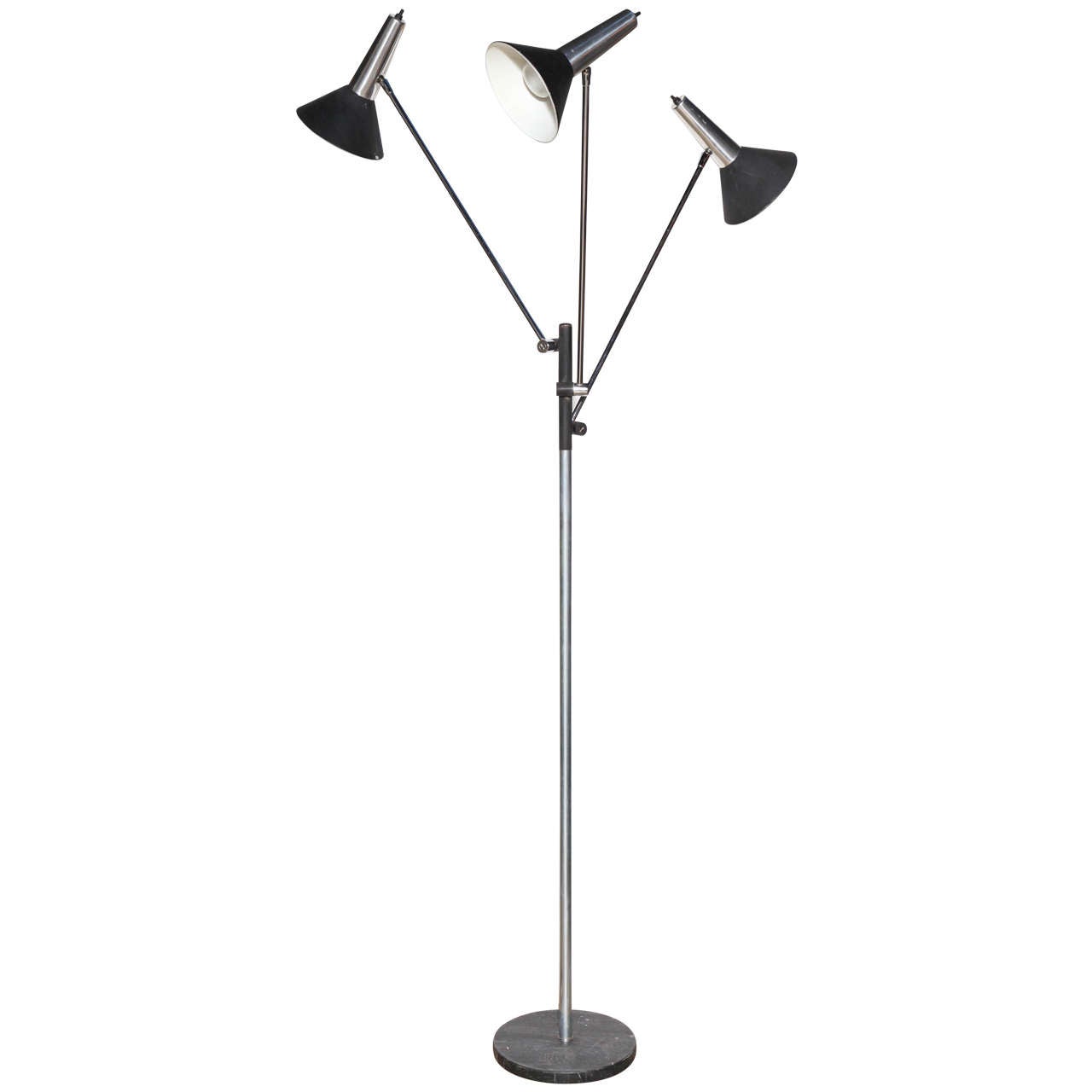 Gino Sarfatti Style Koch & Lowy Articulating Triple Shade Nickel Floor Lamp