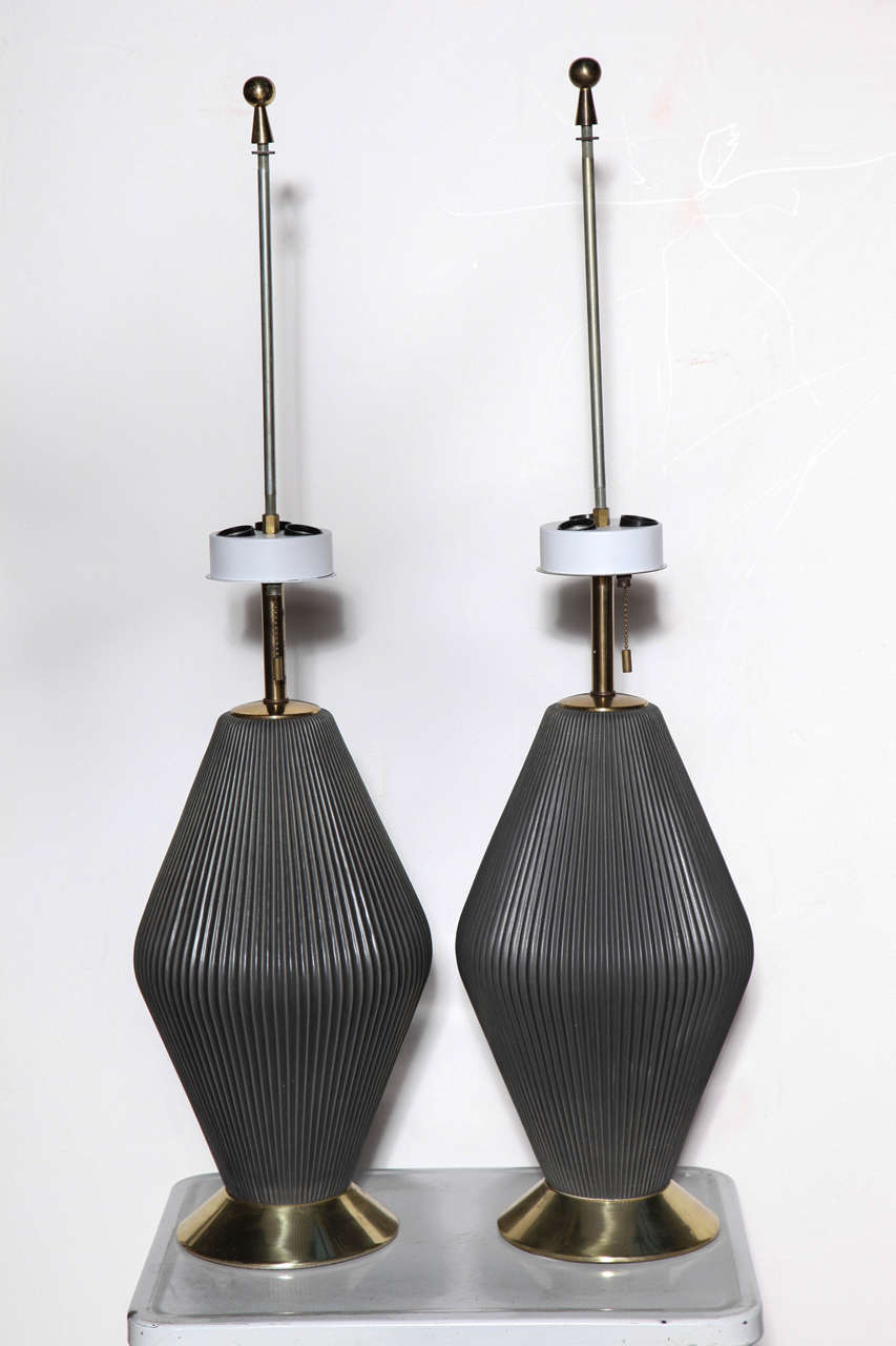 Mid-Century Modern pair of Gerald Thurston Charcoal Hourglass Ceramic Lamps