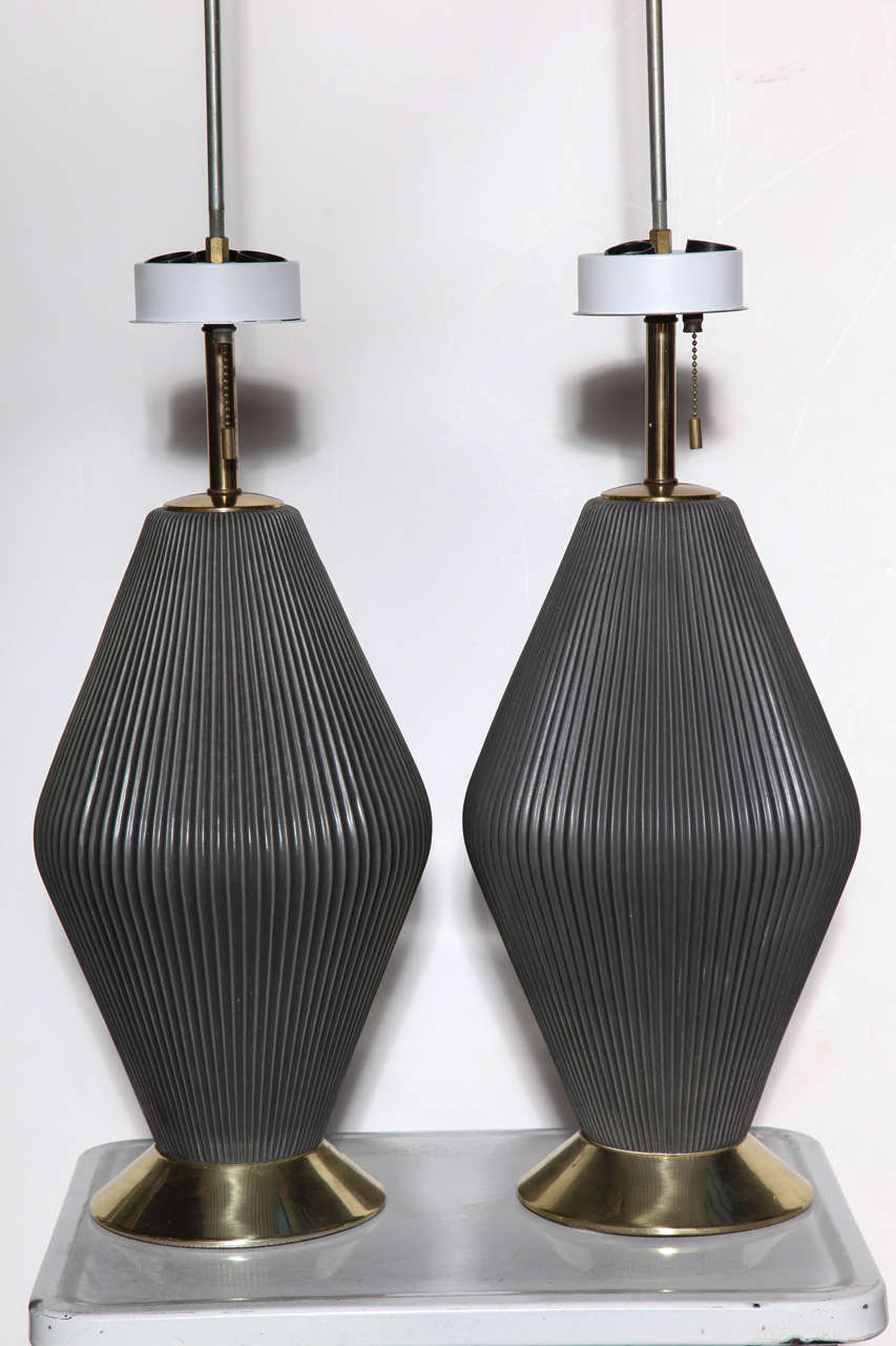 Glazed pair of Gerald Thurston Charcoal Hourglass Ceramic Lamps
