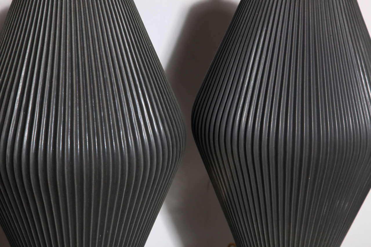 Mid-20th Century pair of Gerald Thurston Charcoal Hourglass Ceramic Lamps