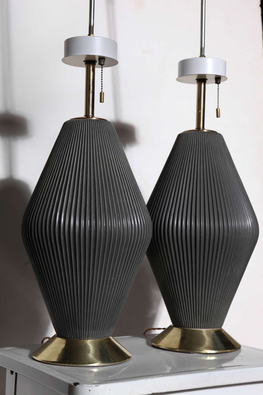 Brass pair of Gerald Thurston Charcoal Hourglass Ceramic Lamps