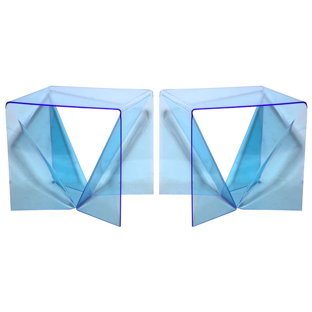 Pair Neal Small Clear Blue Lucite Op Art "Origami" Occasional Tables