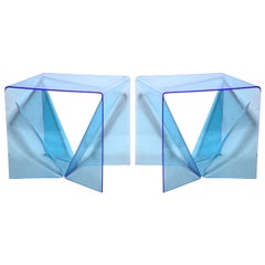 Pair Neal Small Clear Blue Lucite Op Art "Origami" Occasional Tables