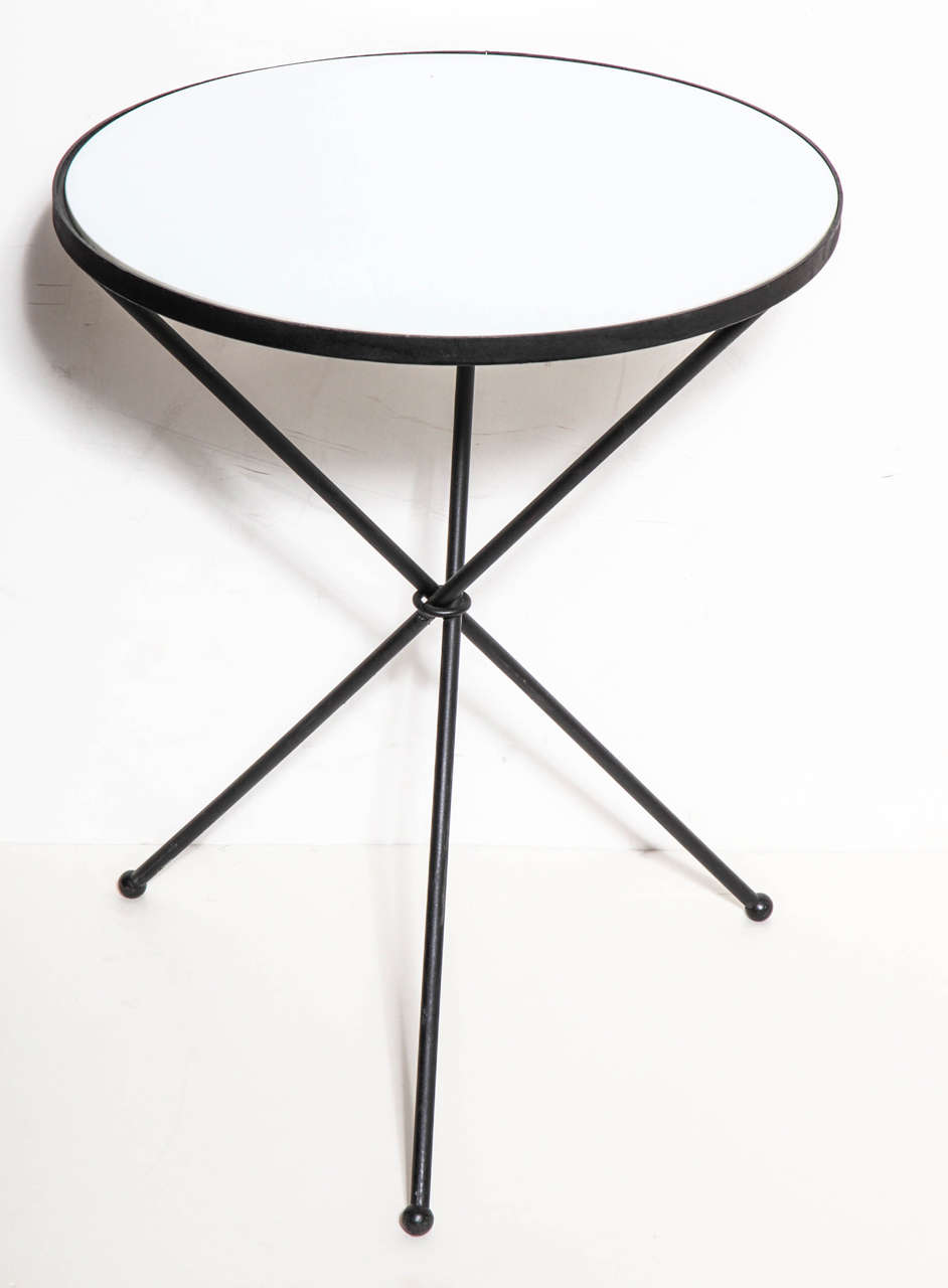 Mid-Century Modern 1950s Round Black Wrought Iron and White Milk Glass Tripod Occasional Table