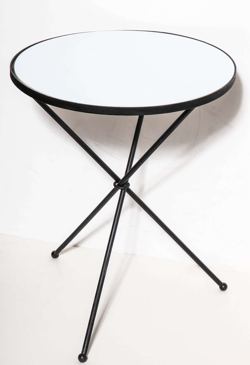 American 1950s Round Black Wrought Iron and White Milk Glass Tripod Occasional Table