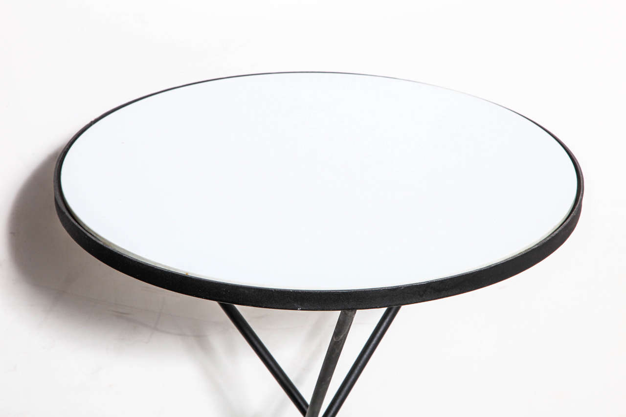 1950s Round Black Wrought Iron and White Milk Glass Tripod Occasional Table In Good Condition In Bainbridge, NY