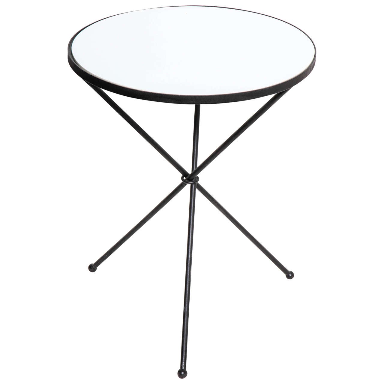 1950s Round Black Wrought Iron and White Milk Glass Tripod Occasional Table