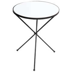 1950s Round Black Wrought Iron and White Milk Glass Tripod Occasional Table