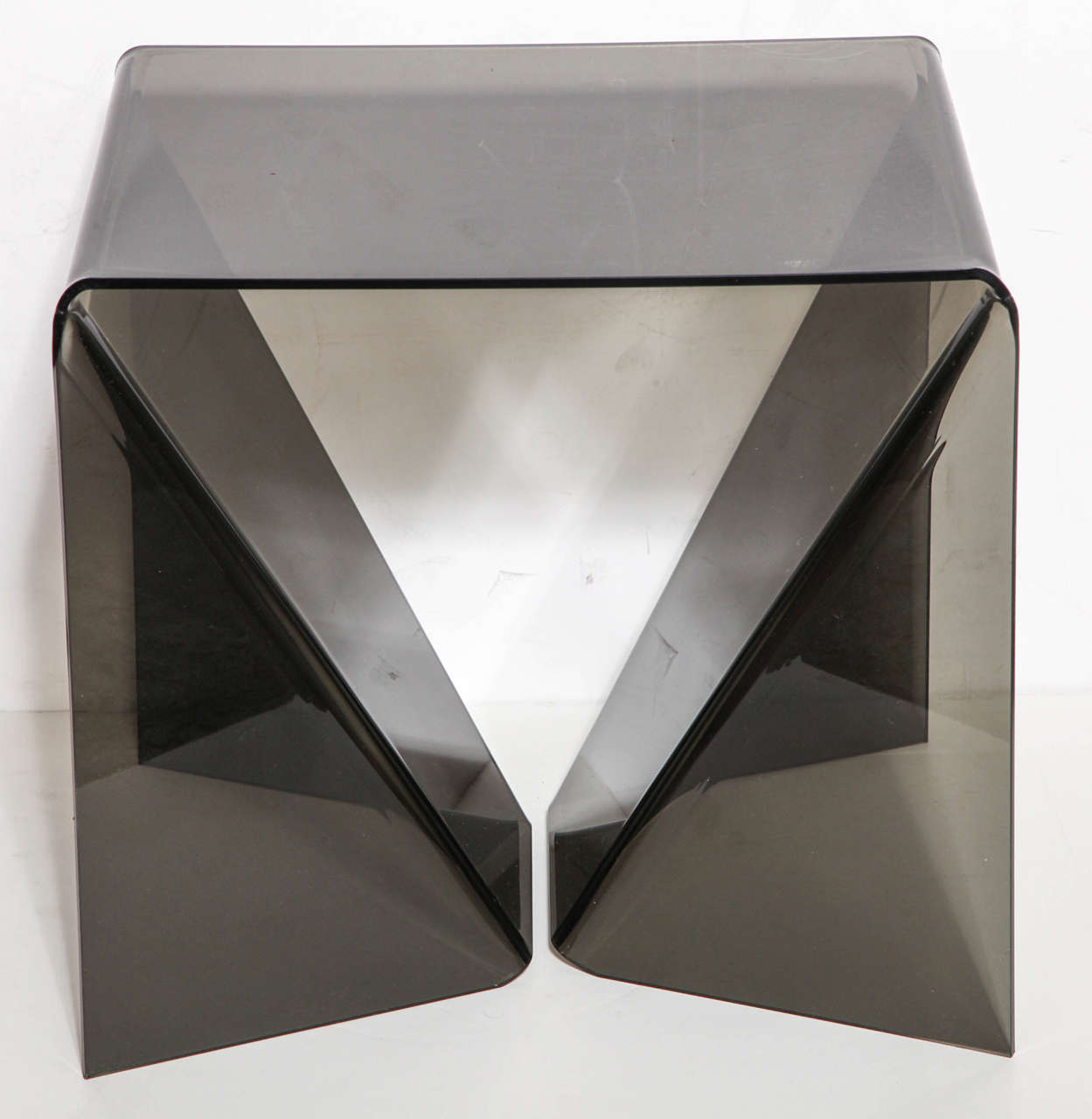 Pair of Op Art to Pop Art Neal Small Smoked Brown, Gray Smoke Perspex 'Origami' End Tables. Side by Side Coffee Tables. Classic. Versatile. Lightweight. Lucite. New old stock.