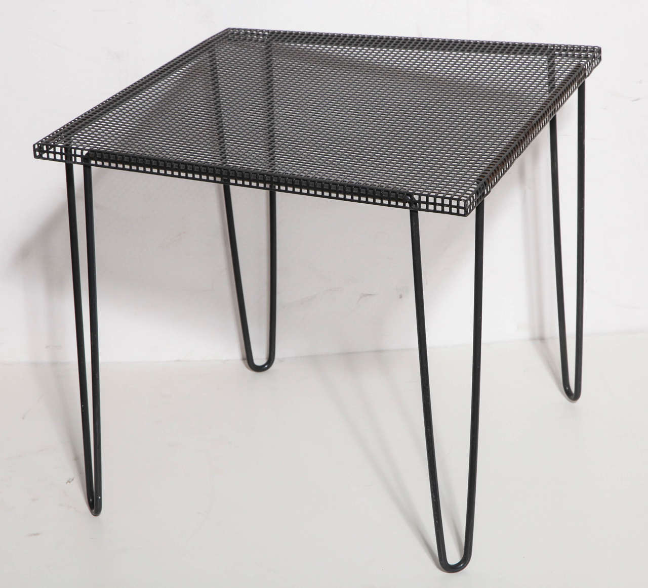 Mid-Century Modern Pair of 1950s Mathieu Matégot style Perforated Black Iron Occasional Tables 