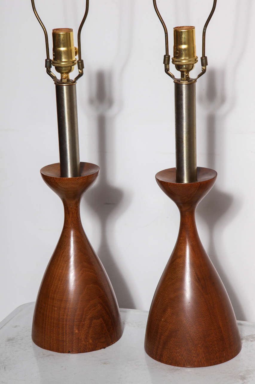 Pair Adrian Pearsall Style Turned Walnut & Brushed Steel Candlestick Lamps For Sale 2