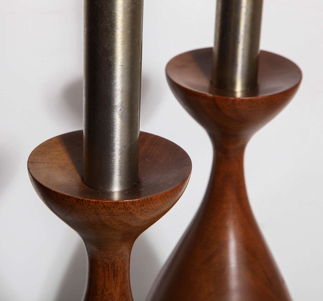 Mid-Century Modern Pair Adrian Pearsall Style Turned Walnut & Brushed Steel Candlestick Lamps For Sale