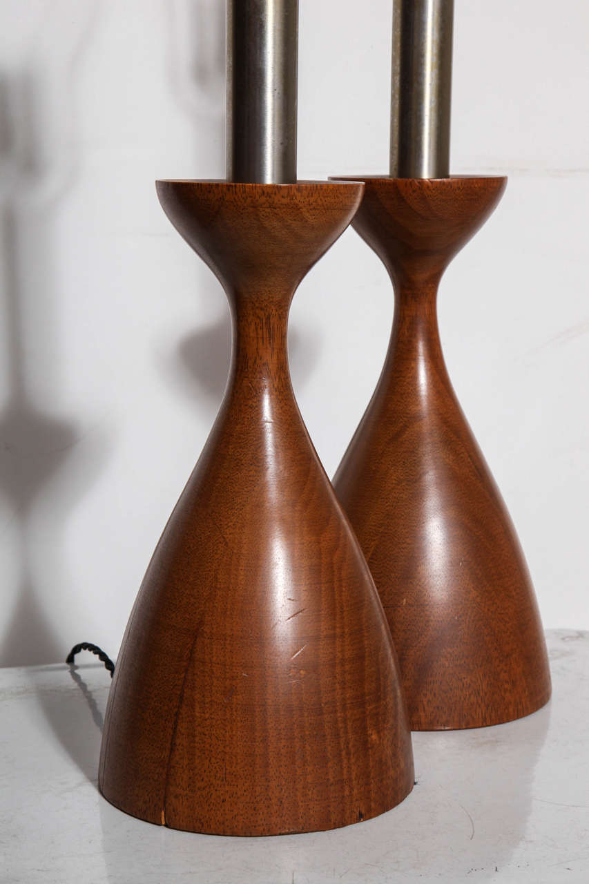 American Pair Adrian Pearsall Style Walnut & Brushed Steel  Modern Hourglass Table Lamps For Sale