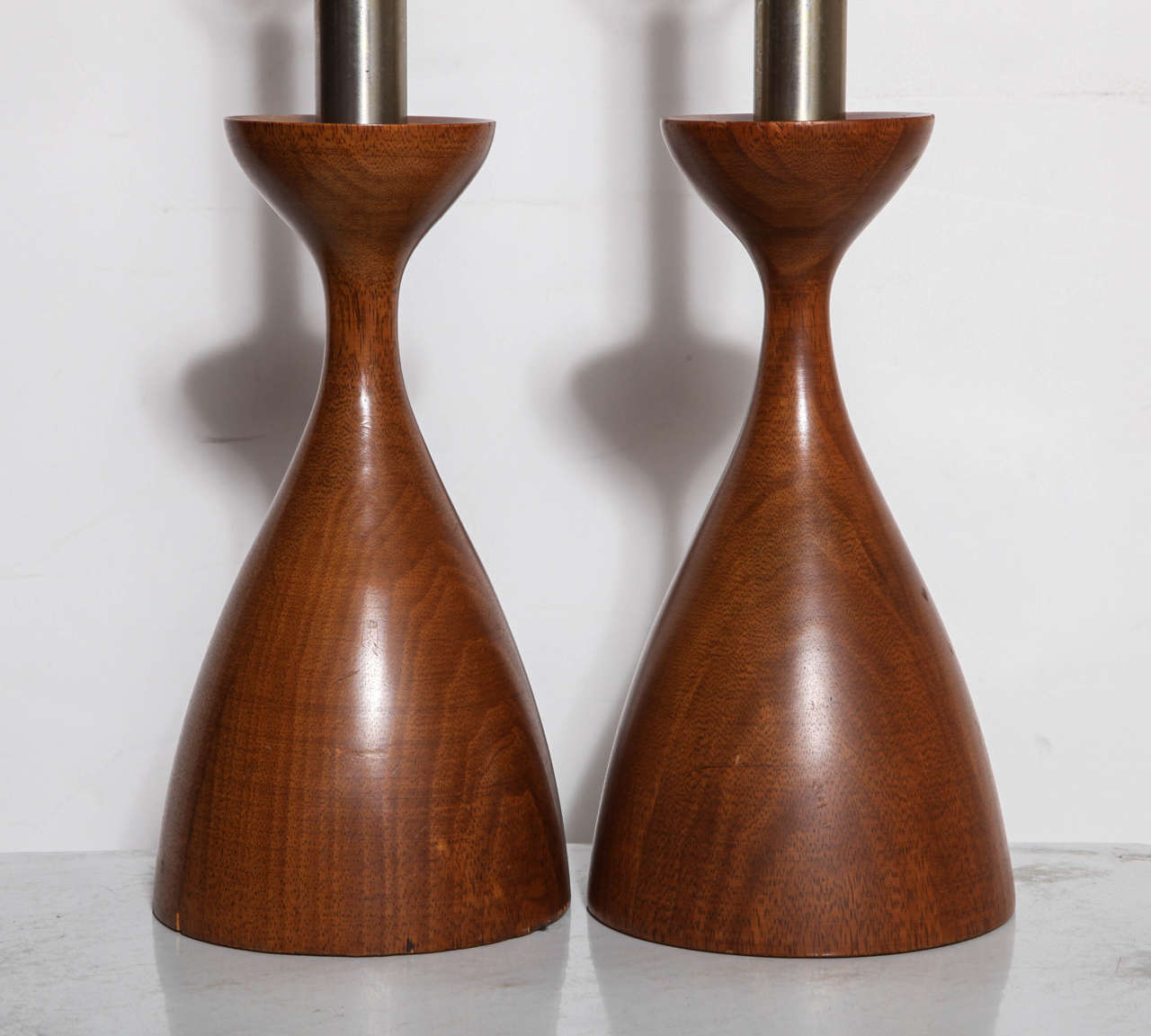 Mid-20th Century Pair Adrian Pearsall Style Turned Walnut & Brushed Steel Candlestick Lamps For Sale