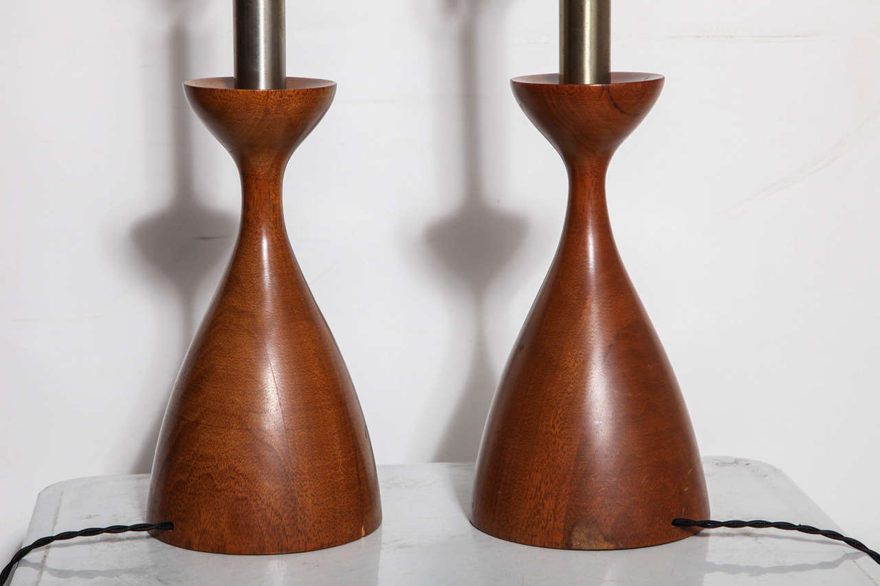 Pair Adrian Pearsall Style Turned Walnut & Brushed Steel Candlestick Lamps For Sale 1