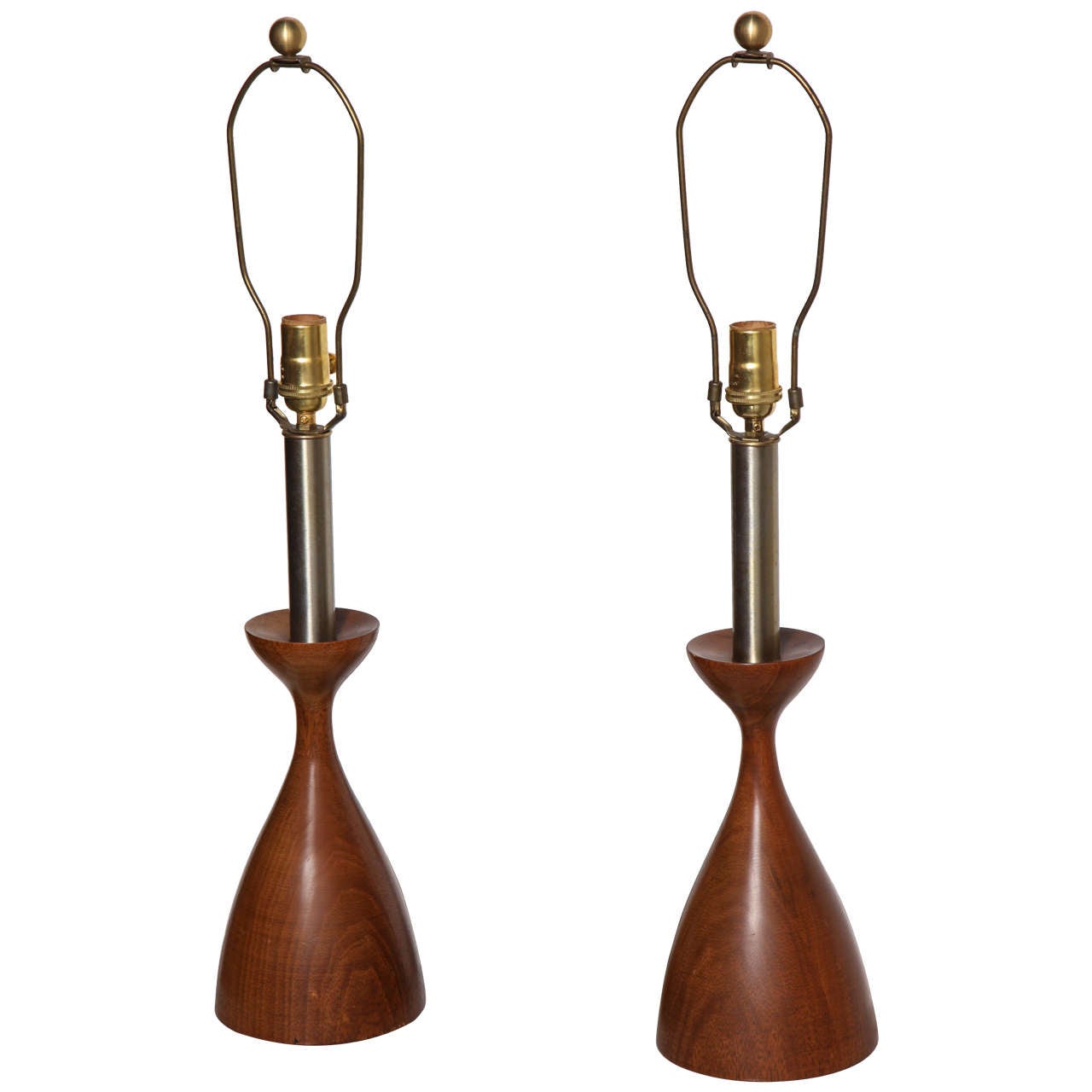 Pair Adrian Pearsall Style Turned Walnut & Brushed Steel Candlestick Lamps For Sale