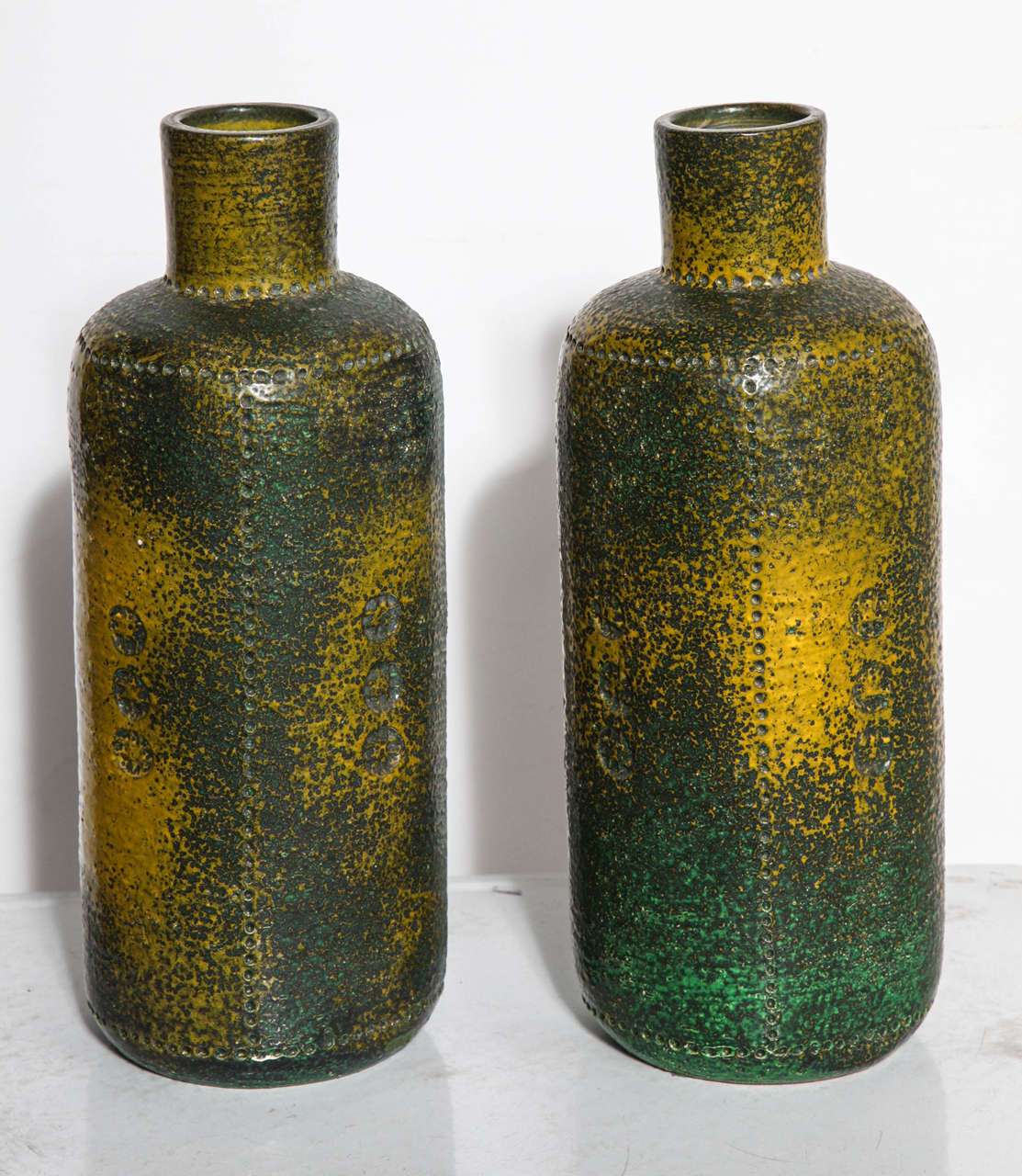 Mid-Century Modern Pair of 1950s Bitossi Ceramic Vases by Aldo Londi in Green, Brown and Yellow