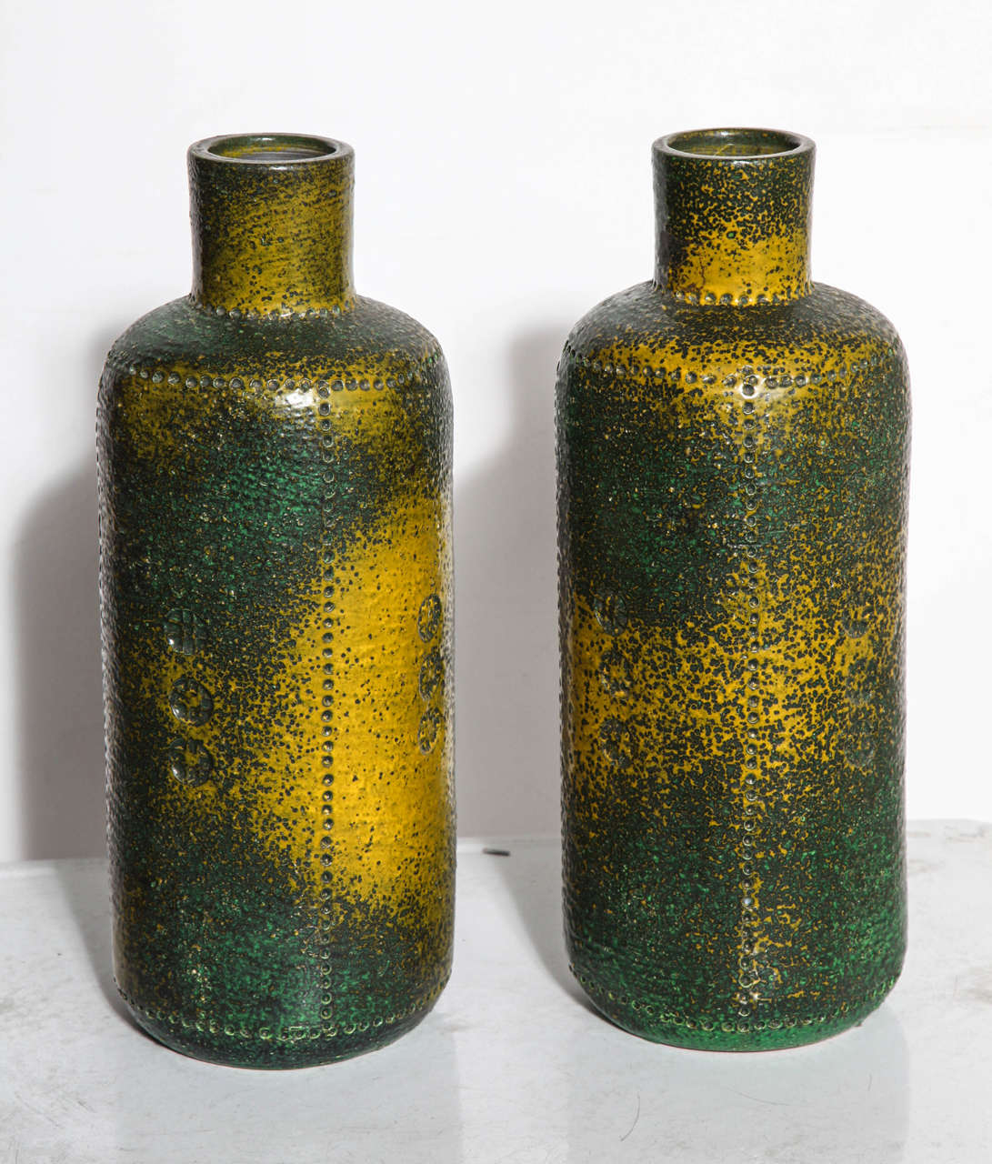Italian Pair of 1950s Bitossi Ceramic Vases by Aldo Londi in Green, Brown and Yellow