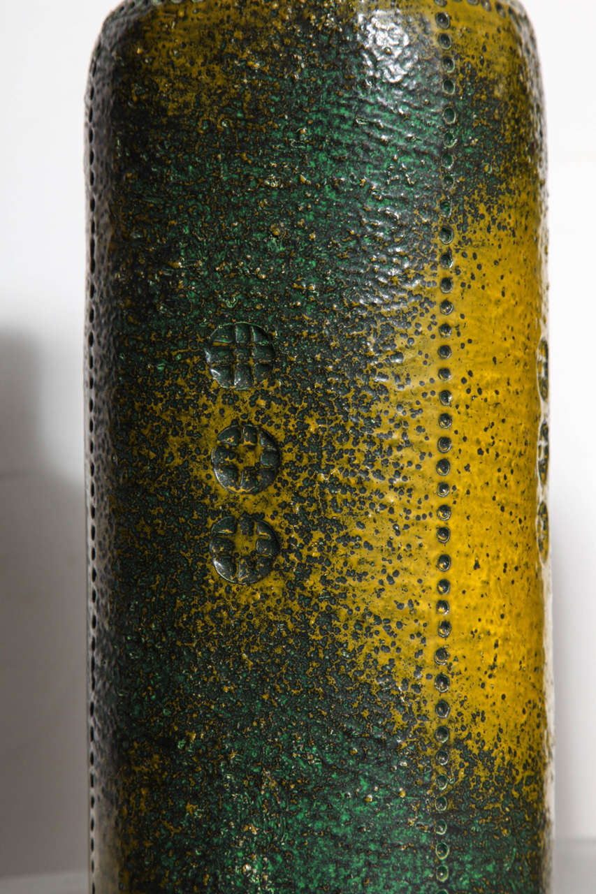 Glazed Pair of 1950s Bitossi Ceramic Vases by Aldo Londi in Green, Brown and Yellow
