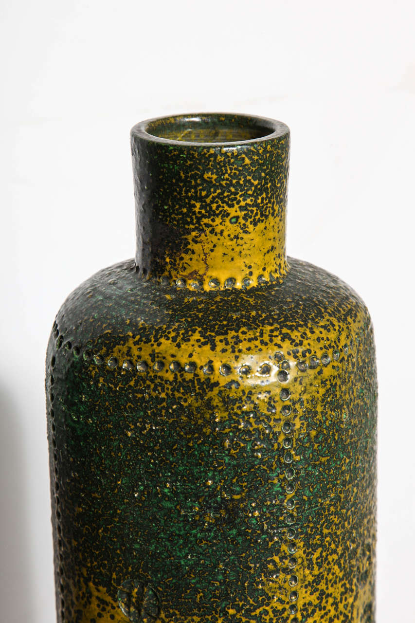 Mid-20th Century Pair of 1950s Bitossi Ceramic Vases by Aldo Londi in Green, Brown and Yellow
