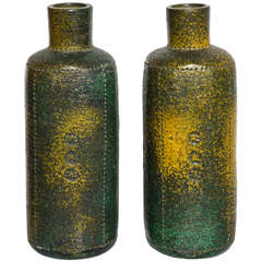 Pair of 1950s Bitossi Ceramic Vases by Aldo Londi in Green, Brown and Yellow