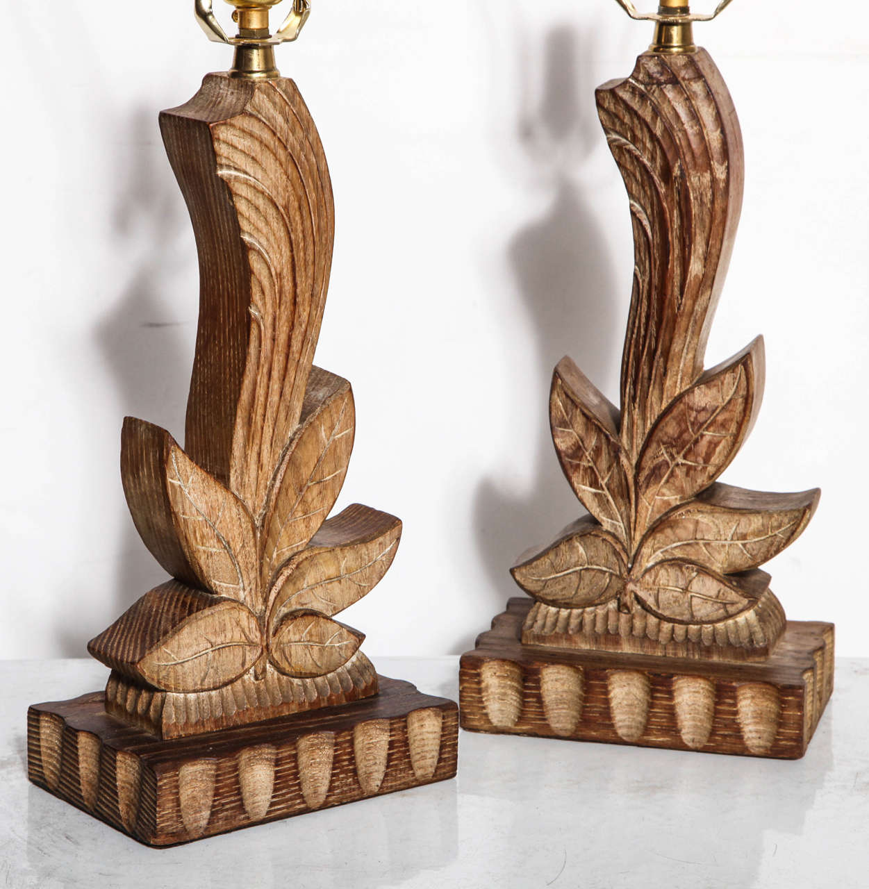 Hollywood Regency Pair of Yasha Heifetz Hand-Carved Cerused Oak Botanical Bedside Lamps, 1940's