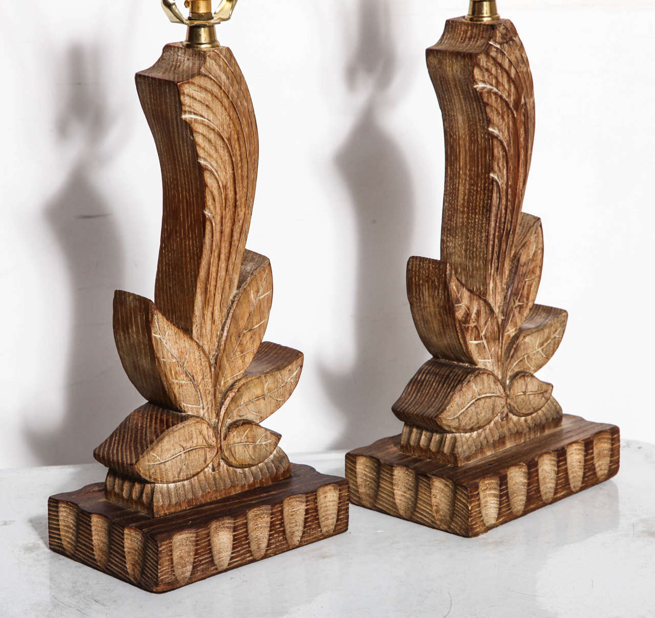 American Pair of Yasha Heifetz Hand-Carved Cerused Oak Botanical Bedside Lamps, 1940's