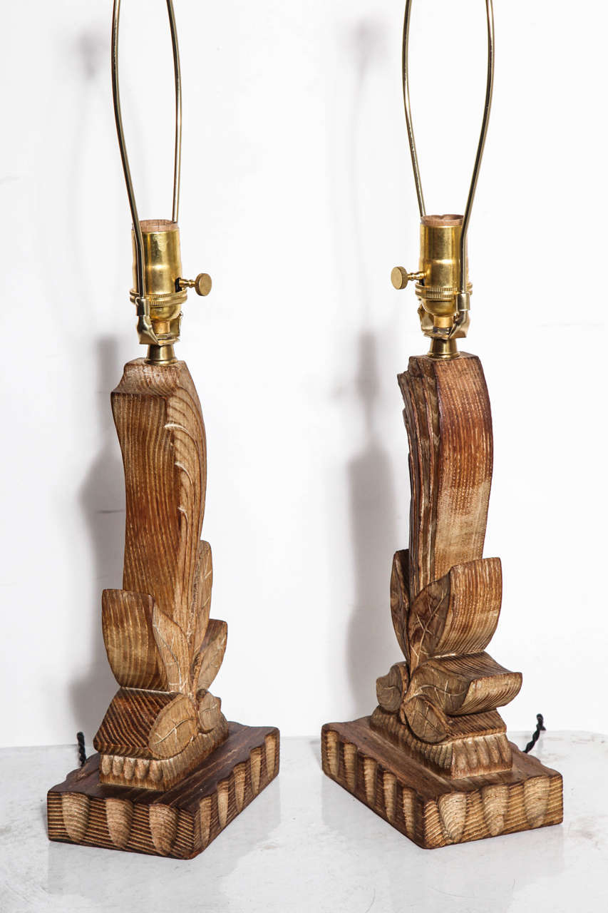 Pair of Yasha Heifetz Hand-Carved Cerused Oak Botanical Bedside Lamps, 1940's 1