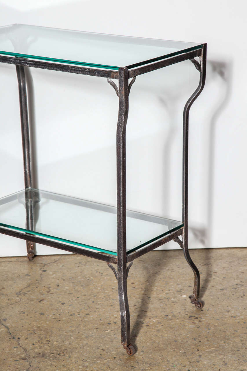 Industrial Circa 1890s Two Tier Steel Rolling Etagere with Two Glass Shelves