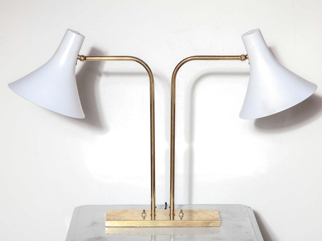 Mid-Century Modern 1950s Nessen Studios Double Cone Brass Library Lamp with White Shades