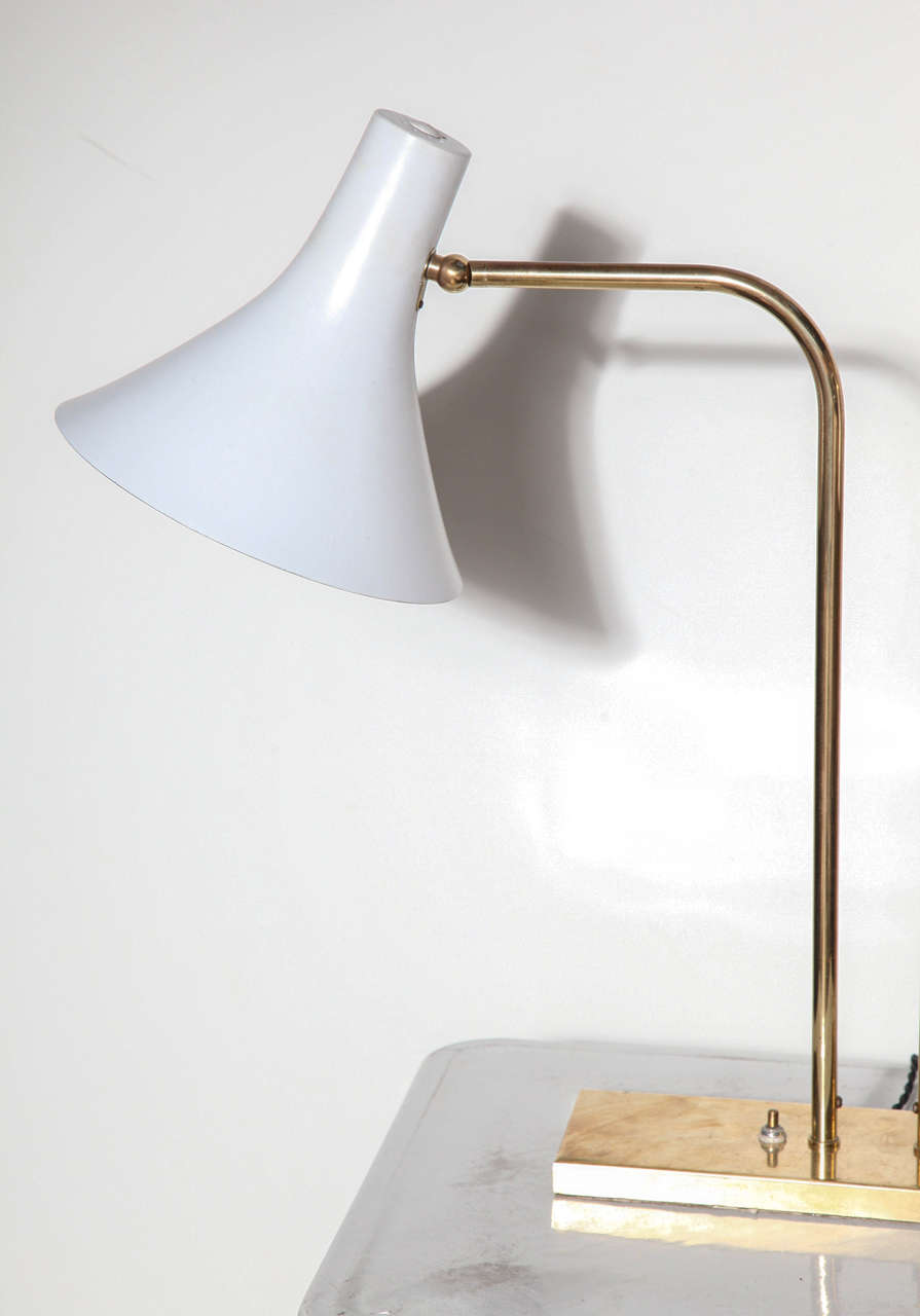 American 1950s Nessen Studios Double Cone Brass Library Lamp with White Shades
